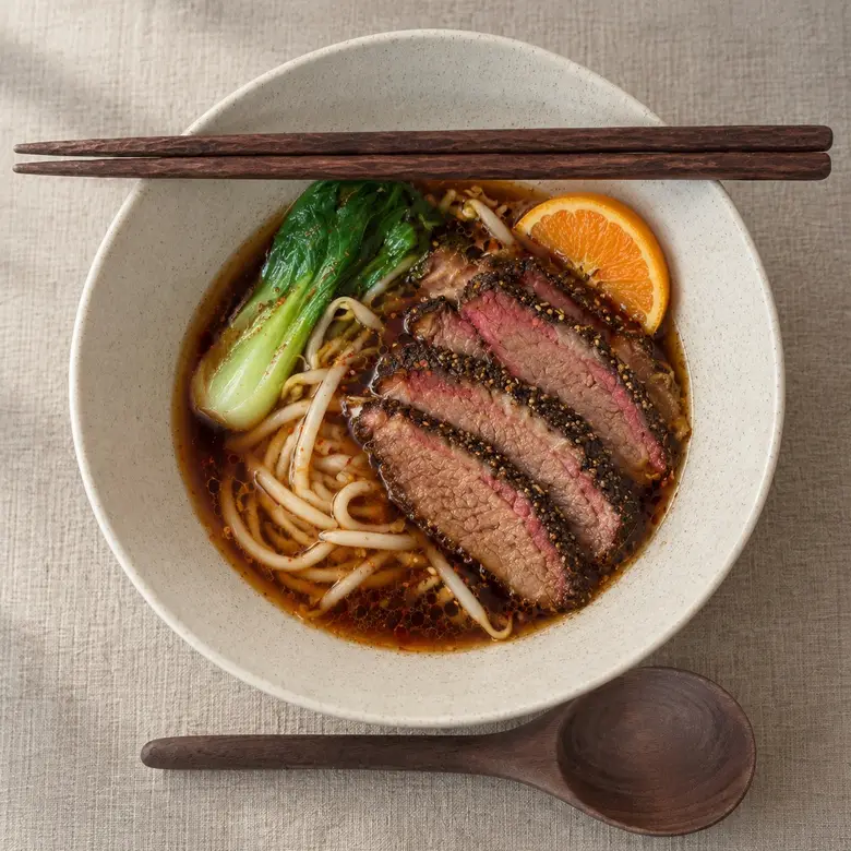 Overhead view of a bowl of beef noodle soup topped with sliced brisket, bok choy, and an orange wedge, with chopsticks resting across the rim.