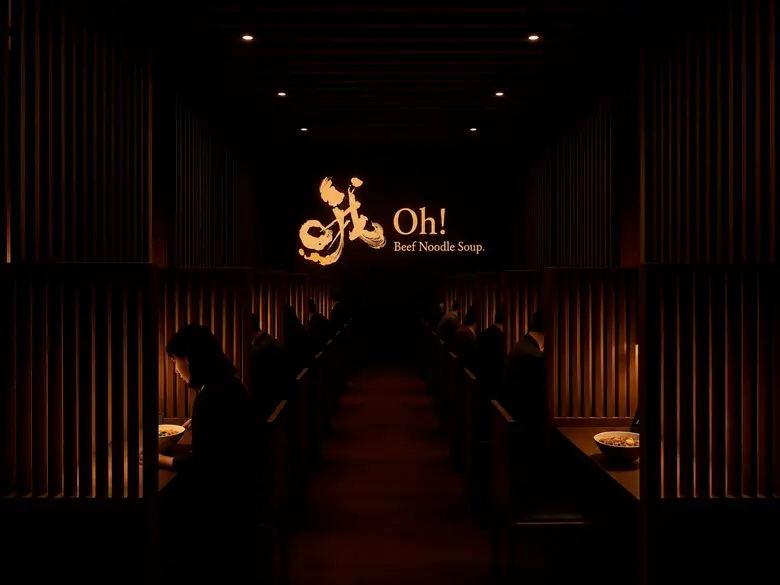 A dim view down the center aisle of wooden dining pods, with the Oh! Beef Noodle Soup logo glowing on the back wall.