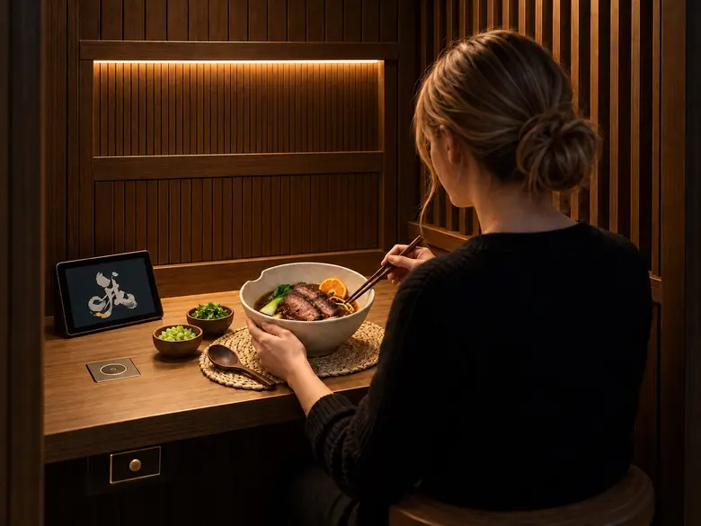 A guest seated in a dining pod holding a bowl of beef noodle soup, with the kitchen hatch and a tablet showing the Oh! logo on the counter.
