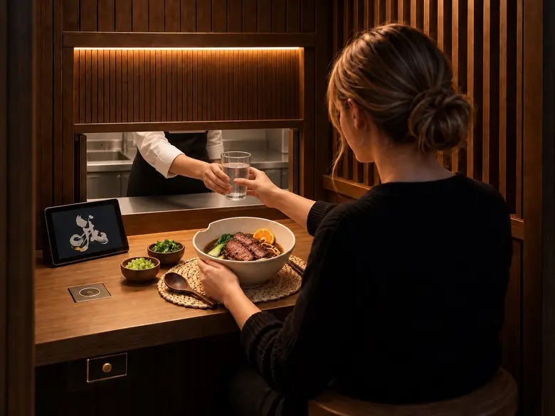 The kitchen hatch in a private pod slides open and a staff member passes a glass of water through to the guest.