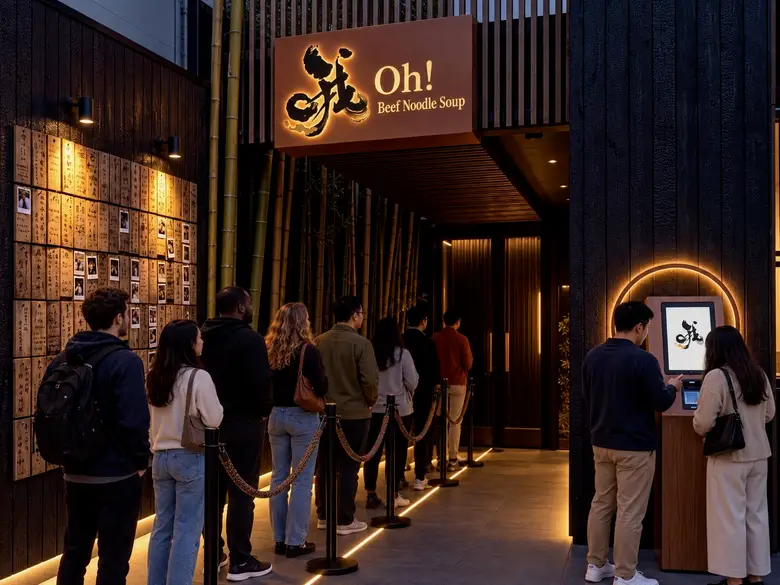 Oh! Beef Noodle Soup storefront at dusk, with a backlit logo sign, a bamboo-lined walkway, and guests waiting in line.